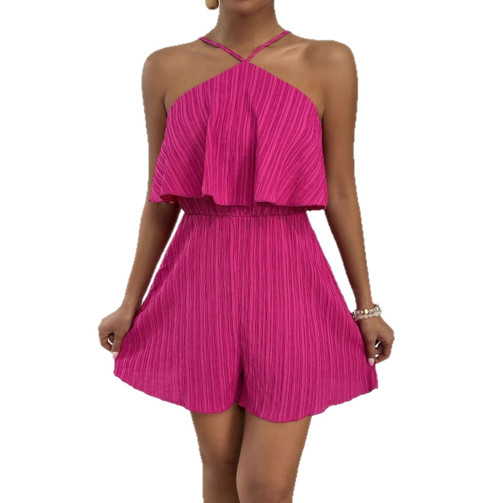 Eleganter Overall mit Neckholder, Rüschen und Crinkled-Stoff